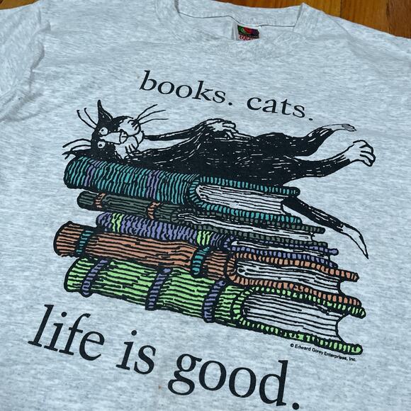 VintGe 90s Edward Gorey T-Shirt Books Cats Life Is Good Size Medium Grey - Picture 2 of 10